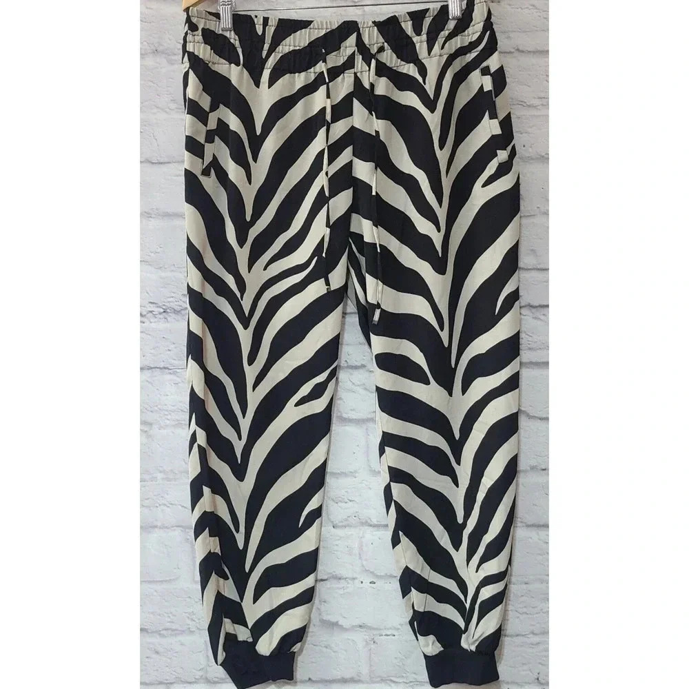 Rachel Roy Zebra Print Joggers Pants Women's 12 Black Off White Pull On Pockets